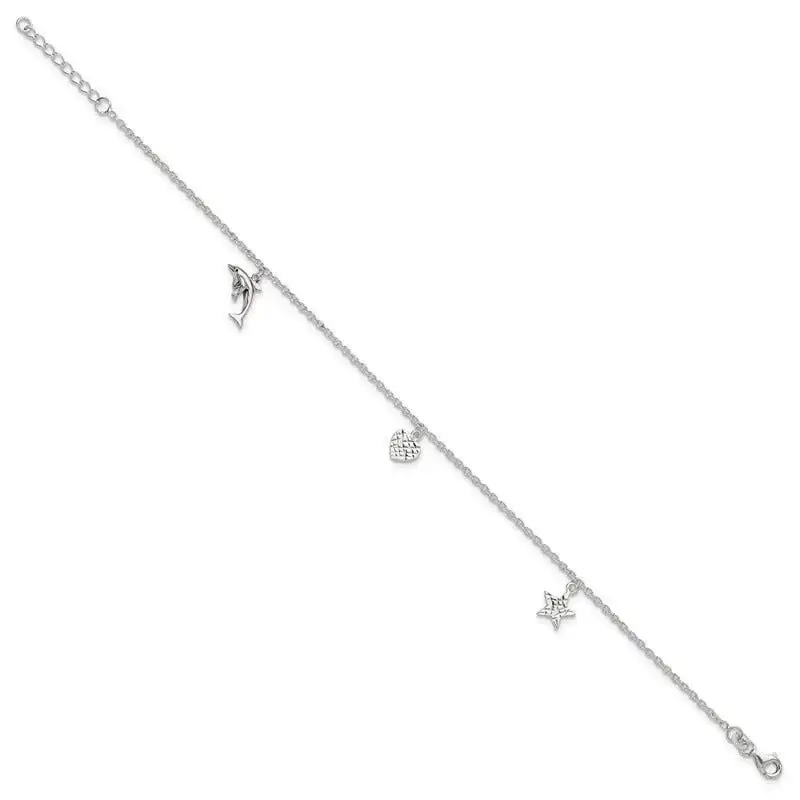 Sterling Silver Polished Heart, Star and Dolphin 9in Plus 1in Ext. Anklet - Image 2