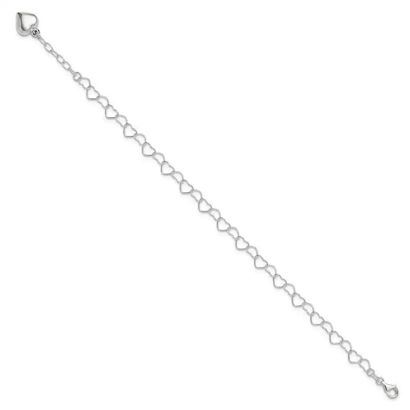 Sterling Silver Polished Puffed Heart 9 in Plus 1in ext. Anklet - Image 2