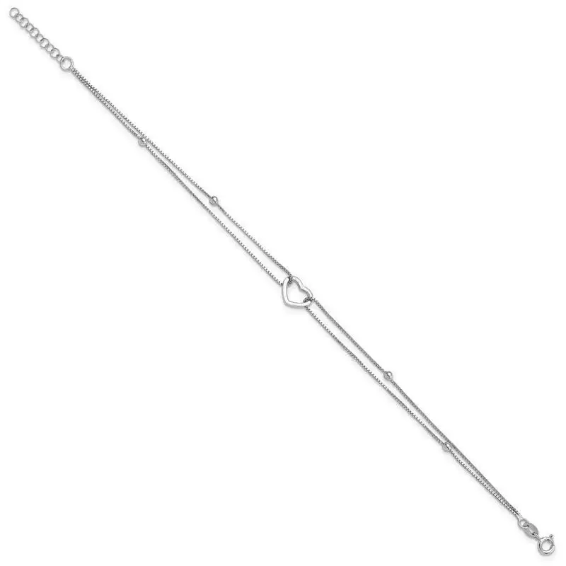 Sterling Silver Rhod-plated Polished Heart Beaded 9in w/1in ext Anklet - Image 2