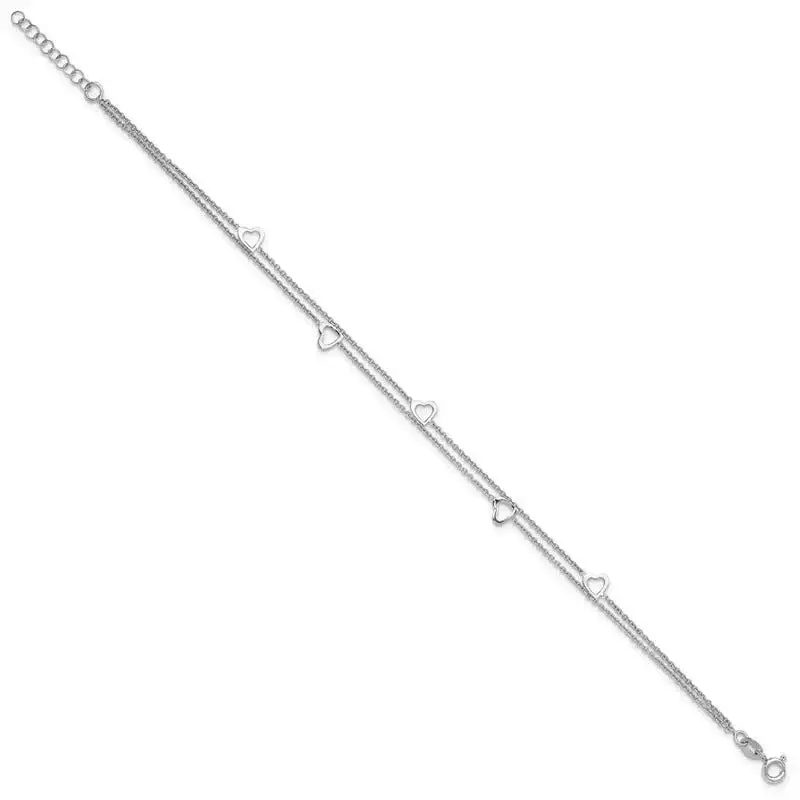 Sterling Silver Rhodium-plated 2-Strand 9 in Plus 1in ext. Heart Anklet - Image 2