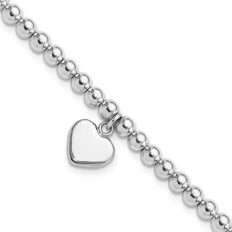 Sterling Silver Rhodium-plated 4mm Beaded Dangle Heart 7.5in Bracelet