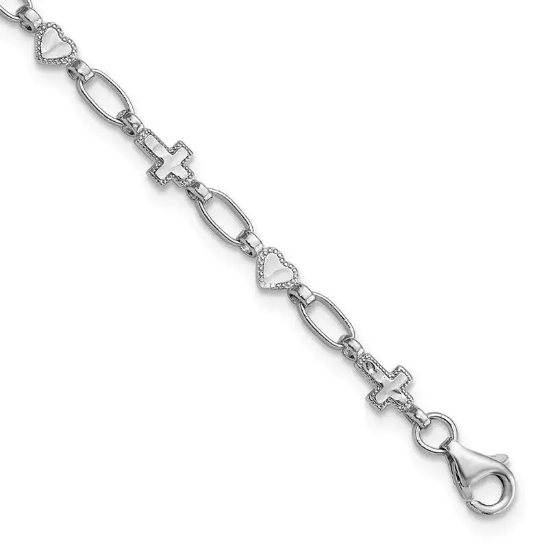 Sterling Silver Rhodium-plated 7.5 inch Heart and Cross Bracelet