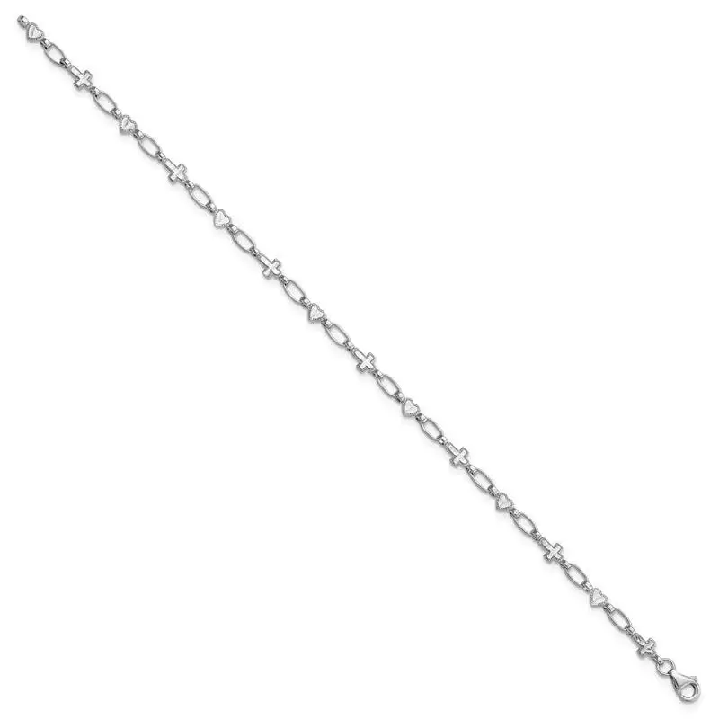 Sterling Silver Rhodium-plated 7.5 inch Heart and Cross Bracelet - Image 2