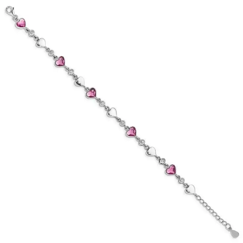 Sterling Silver Rhodium Plated Clear Crystals Pink Heart Crystals and Polished Hearts 6.5 inch Bracelet with 1 inch extension - Image 2
