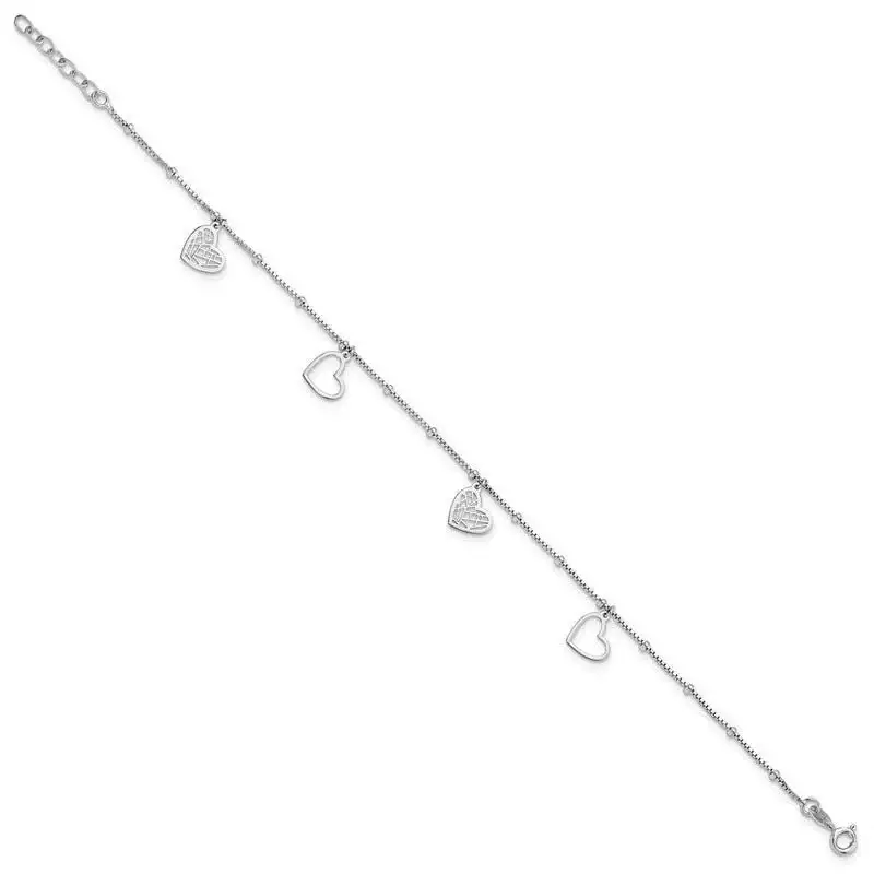 Sterling Silver Rhodium-plated Cut out Hearts 9in Plus 1in ext Anklet - Image 2