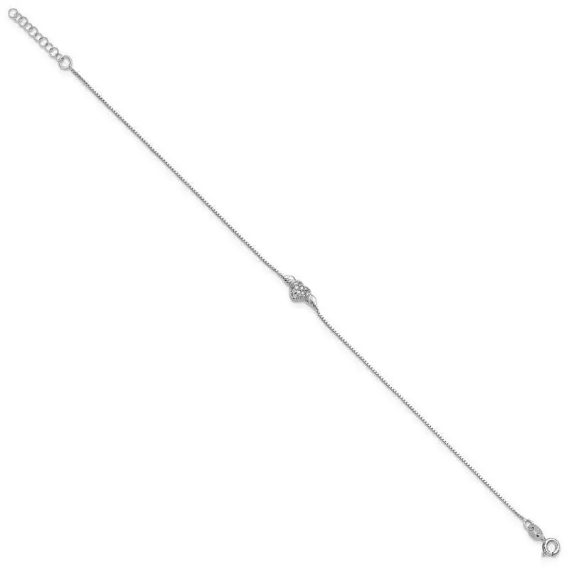 Sterling Silver Rhodium-plated CZ Heart w/Wings 9in Plus 1in ext Anklet - Image 2