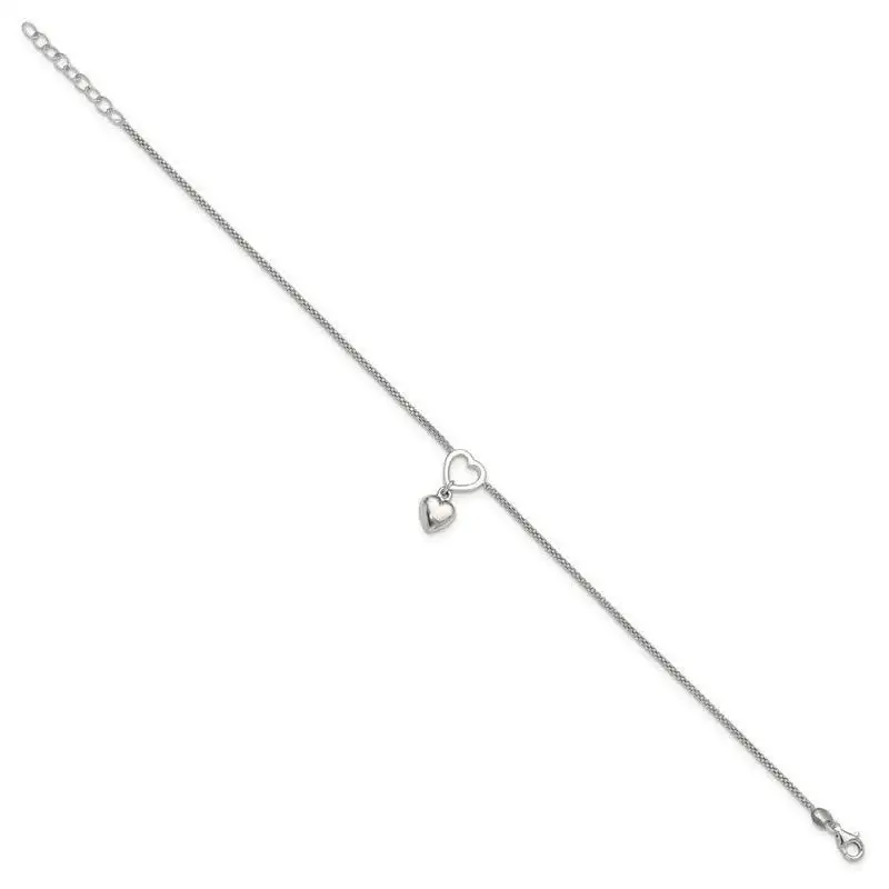 Sterling Silver Rhodium-plated Heart Dangle Charm 9in w/1in ext Anklet - Image 2