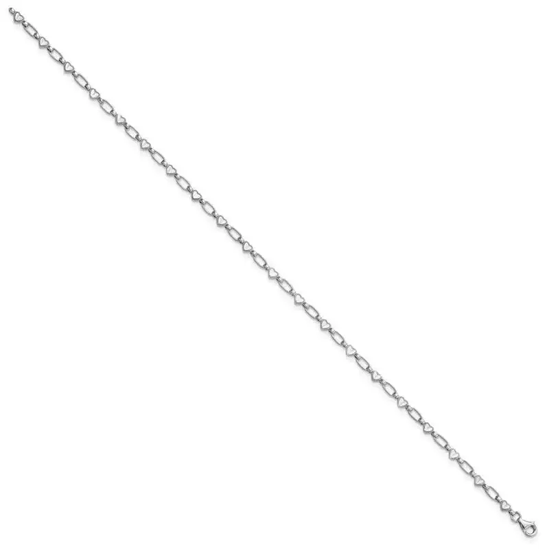 Sterling Silver Rhodium-plated Heart Link 10in Anklet - Image 2