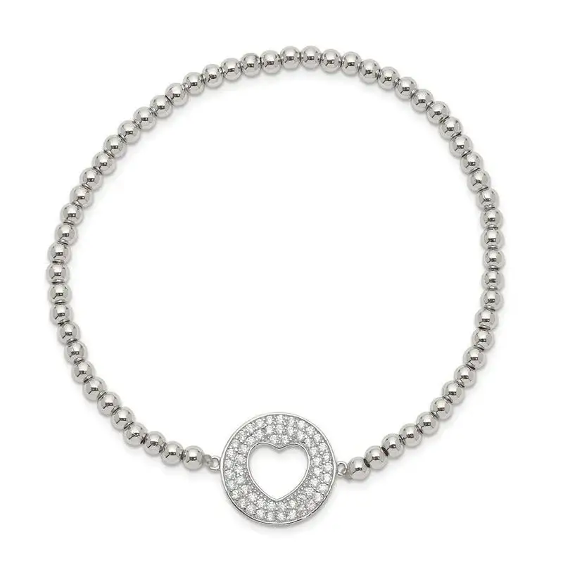 Sterling Silver Rhodium-plated Polished Beaded CZ Heart Punched Circle Stretch Bracelet - Image 2