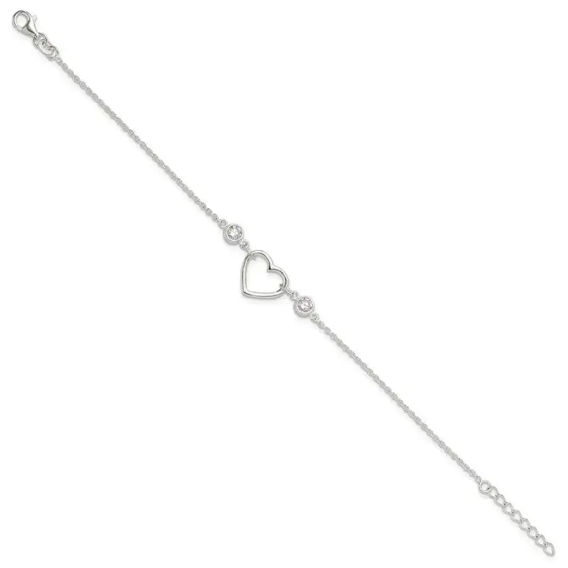 Sterling Silver Rhodium-plated Polished CZ Heart with 1in ext Bracelet - Image 2