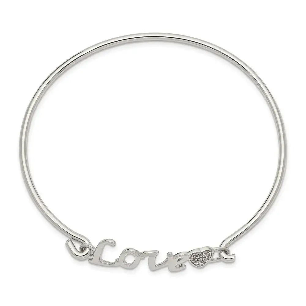 Sterling Silver Rhodium-plated Polished LOVE with CZ Heart Bangle - Image 3