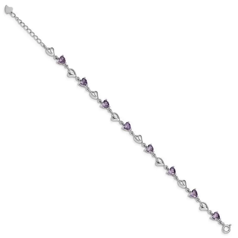 Sterling Silver Rhodium-plated w/1in ext Purple Crystal Hearts Bracelet - Image 2