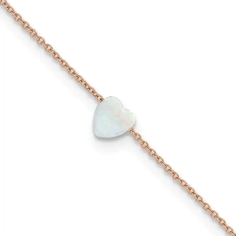 Sterling Silver Rose-tone White Cr. Opal Heart 9in Plus 2 in ext. Anklet