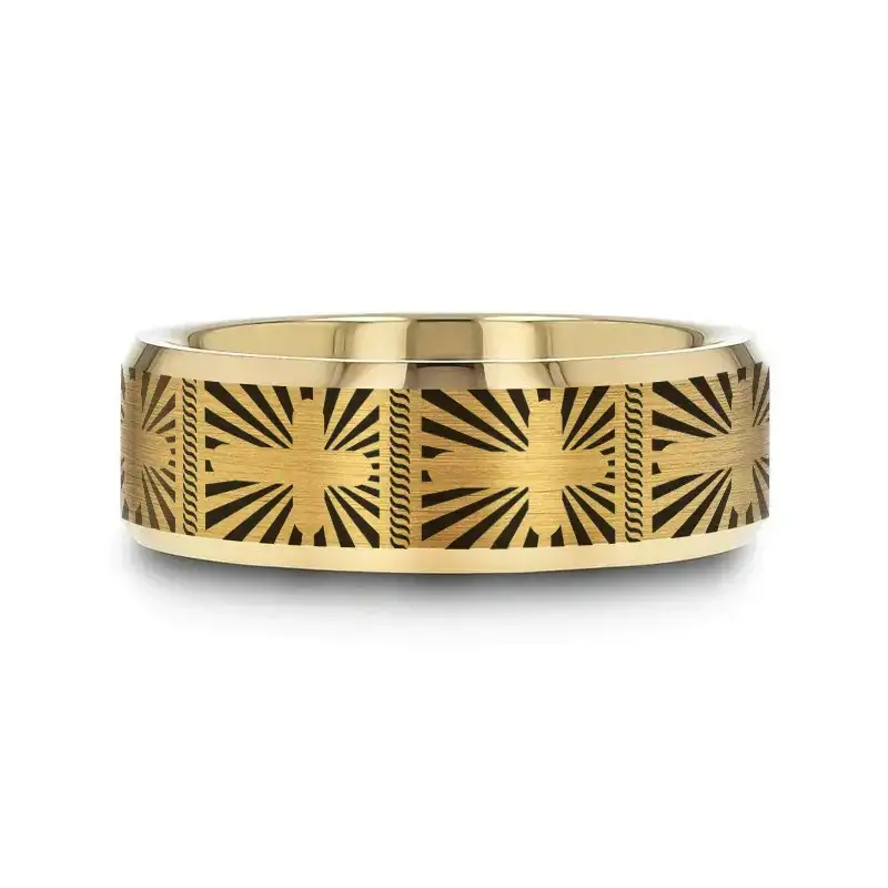 SUNBURST CROSS on Flat Gold Plated Tungsten Carbide Ring with Beveled Edges - Image 2