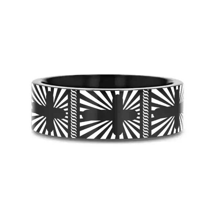 SUNBURST CROSSES on Black Flat Tungsten Carbide Ring - Image 2