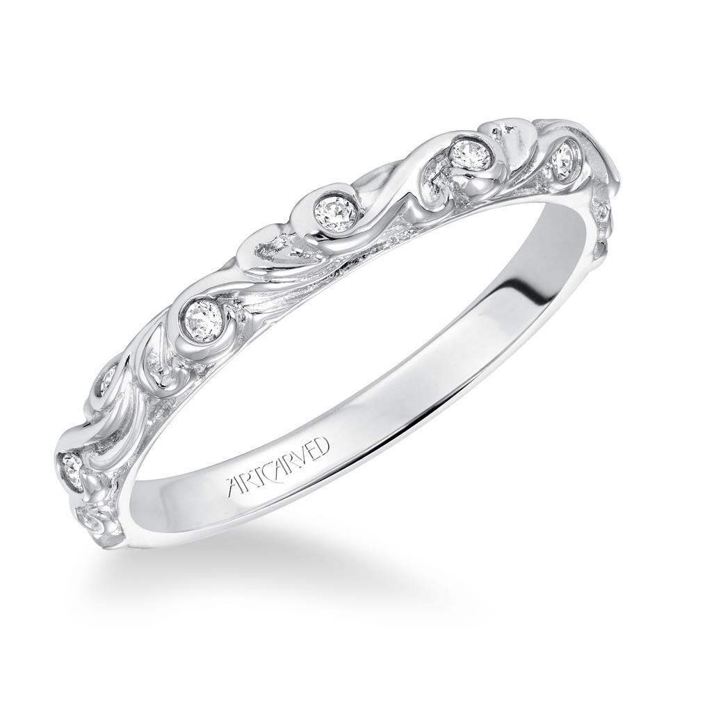 SUNRISE Women's 14K White Gold Wedding Band with Floral Carving and Diamond Accents by Artcarved - 3 mm
