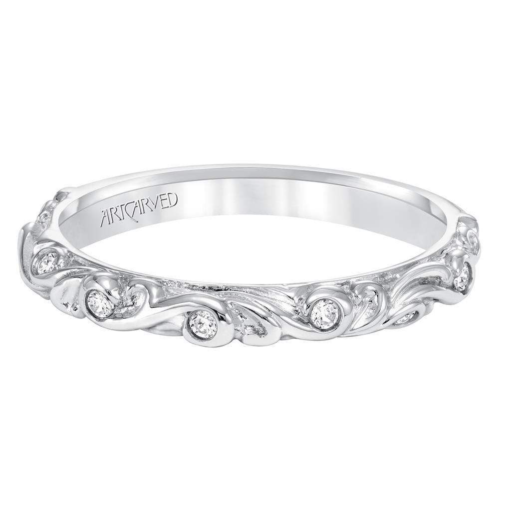 SUNRISE Women's 14K White Gold Wedding Band with Floral Carving and Diamond Accents by Artcarved - 3 mm - Image 2
