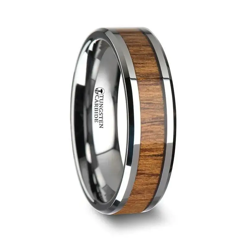 TEKKU Wood Tungsten Ring with Polished Bevels and Teak Wood Inlay - 6mm - 10mm - Image 3