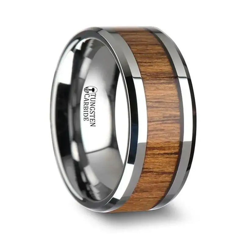 TEKKU Wood Tungsten Ring with Polished Bevels and Teak Wood Inlay - 6mm - 10mm - Image 4