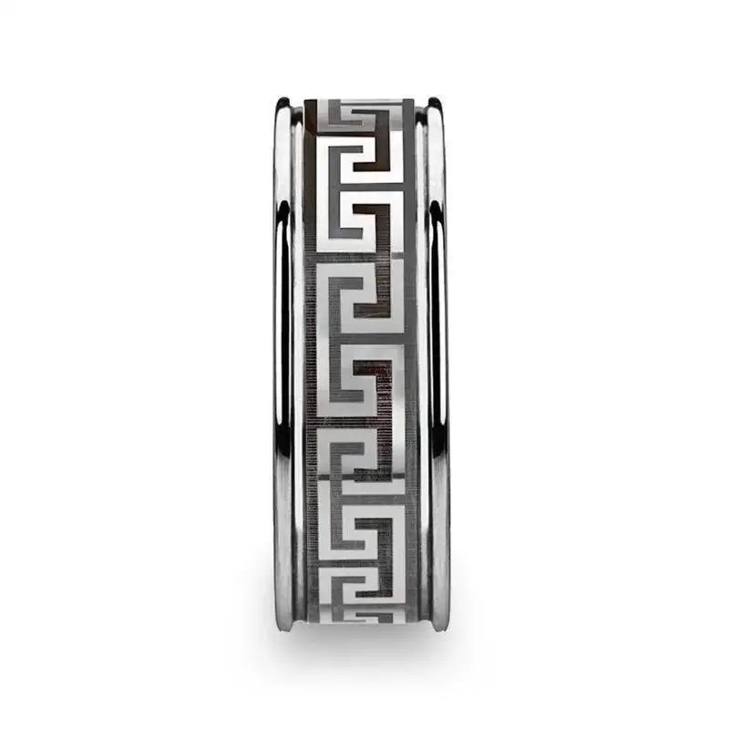 THASOS Grooved Tungsten Carbide Wedding Band with Greek Key Meander Design - 8mm - Image 2