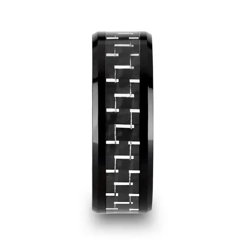 TITAN Black Beveled Ceramic Ring with Silver & Black Carbon Fiber Inlay - 8mm - Image 2
