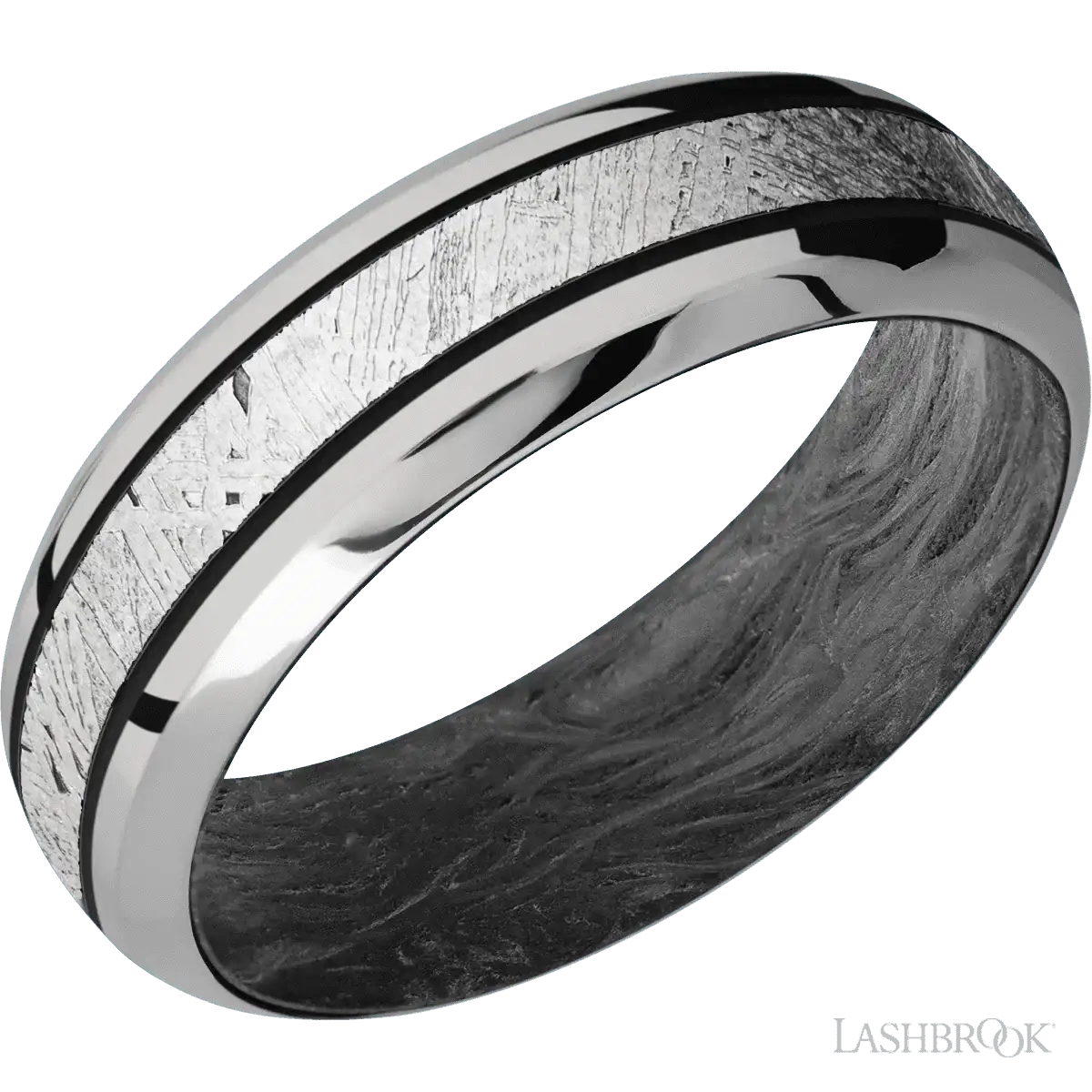 Titanium Band with Polish , Polish Finish and Meteorite Inlay and Forged Carbon Fiber - 7MM