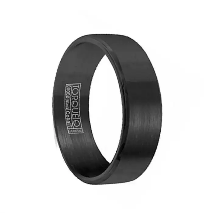 Torque Black Cobalt Flat Wedding Band Brushed Finish Design Beveled Polished Edges - 7 mm