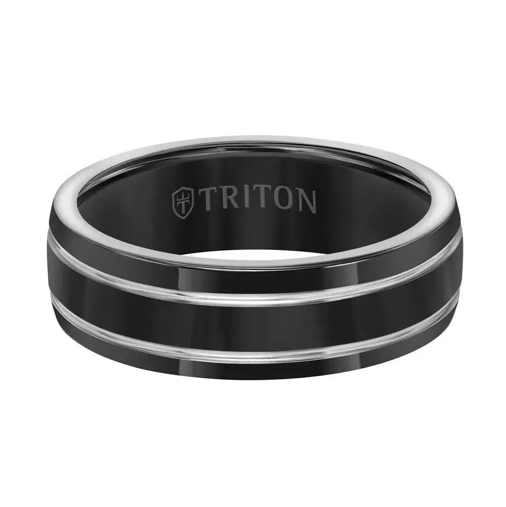 TRENT Domed Polished Black Titanium Comfort Fit Wedding Band with Polished Offset Grooves by Triton Rings - 7mm - Image 2
