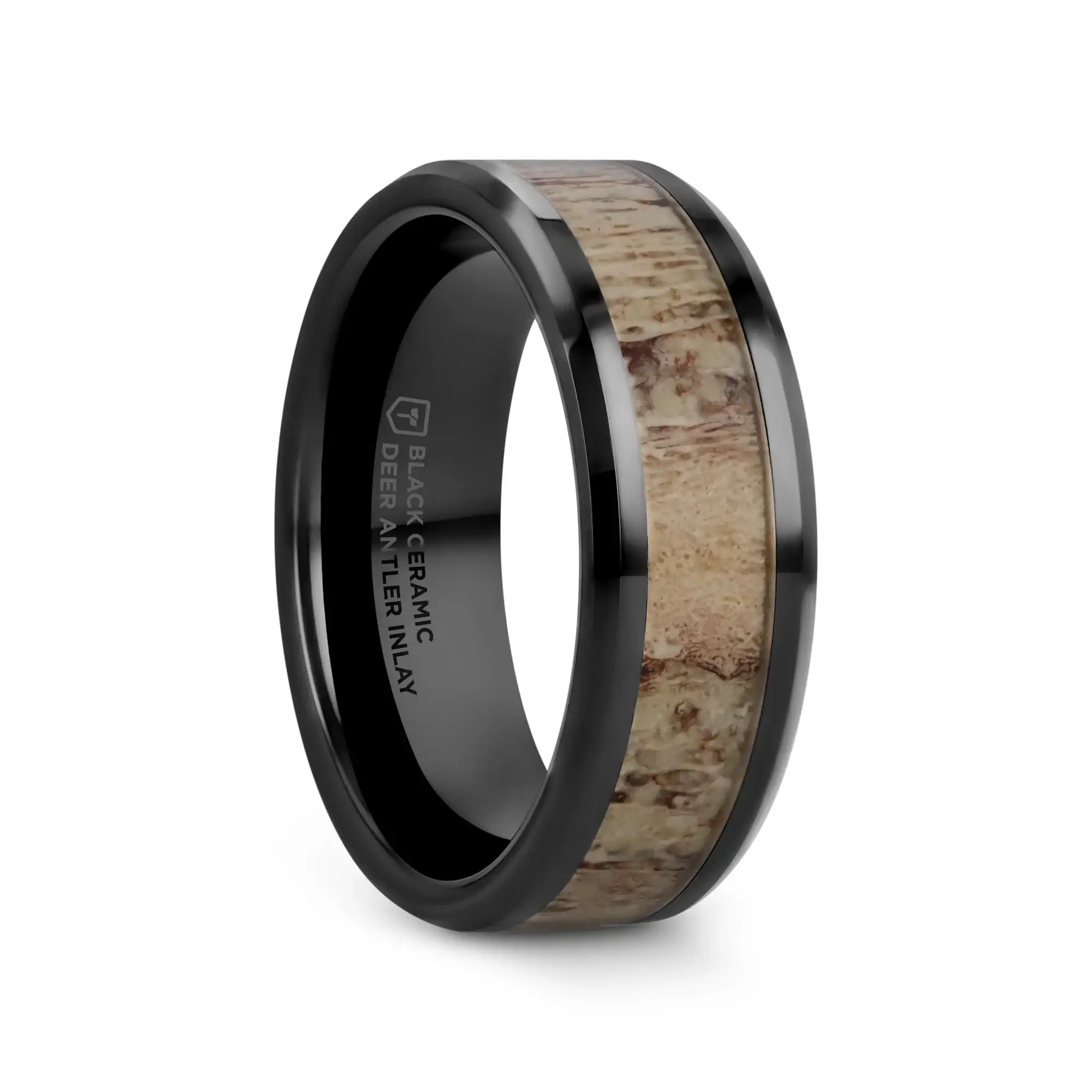 TRES Beveled Black Ceramic Polished Men's Wedding Band with Ombre Antler Inlay - 8mm - Image 2
