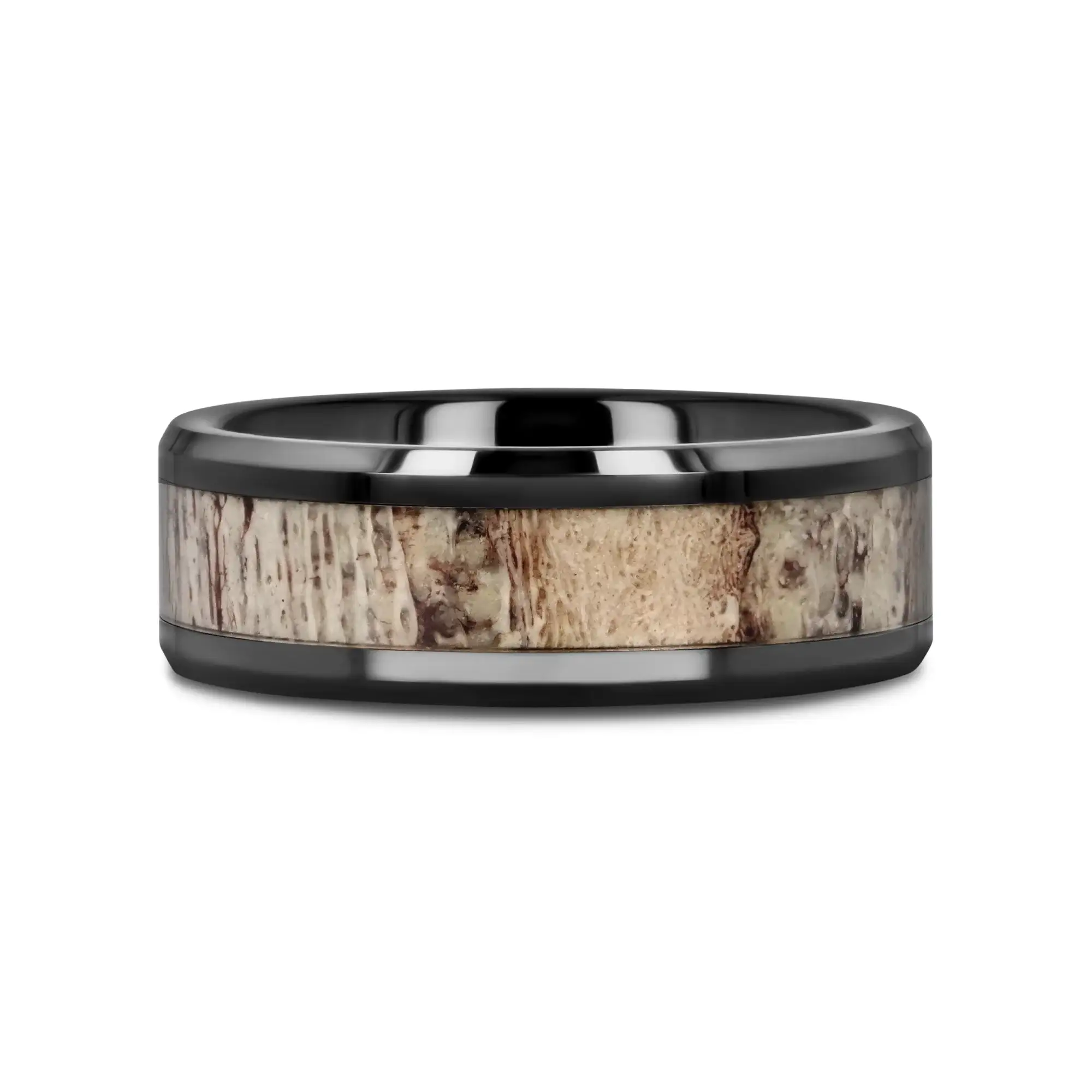 TRES Beveled Black Ceramic Polished Men's Wedding Band with Ombre Antler Inlay - 8mm - Image 5