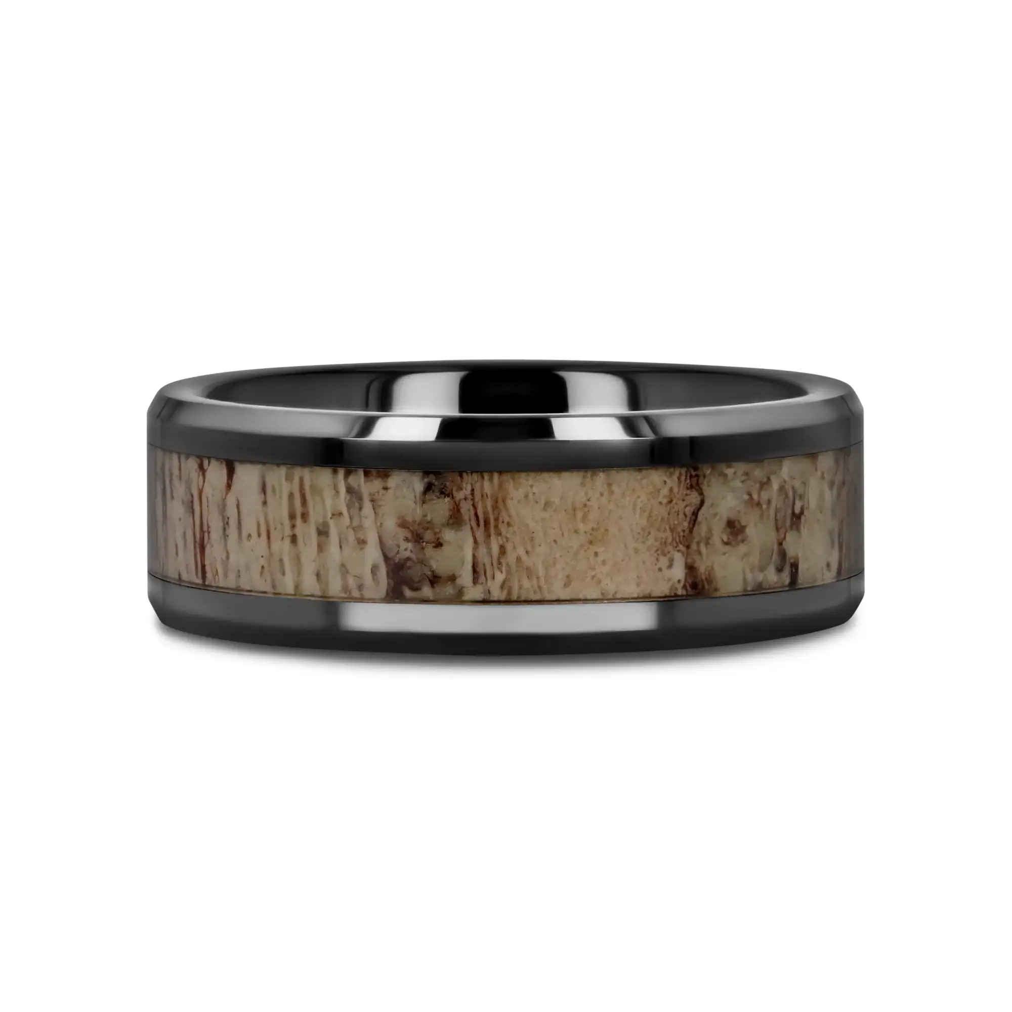 TRES Beveled Black Ceramic Polished Men's Wedding Band with Ombre Antler Inlay - 8mm - Image 6