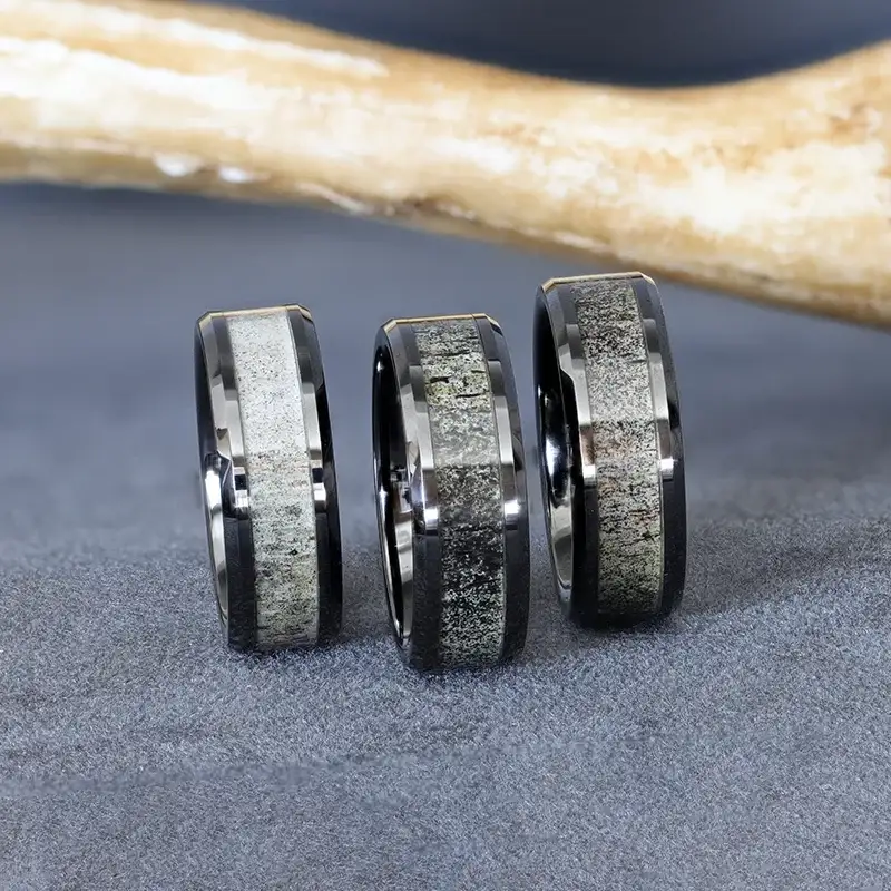 TRES Beveled Black Ceramic Polished Men's Wedding Band with Ombre Antler Inlay - 8mm - Image 7