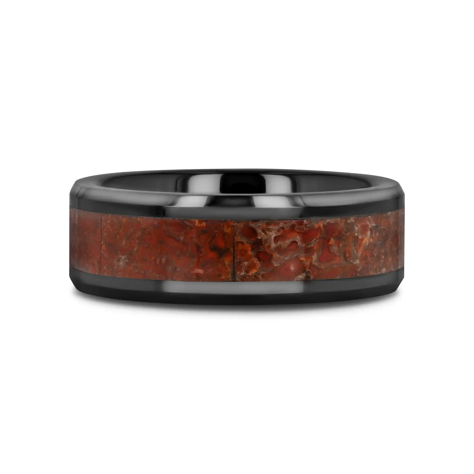 TRIASSIC Red Dinosaur Bone Inlaid Black Ceramic Beveled Edged Ring - 4mm & 8mm - Image 3