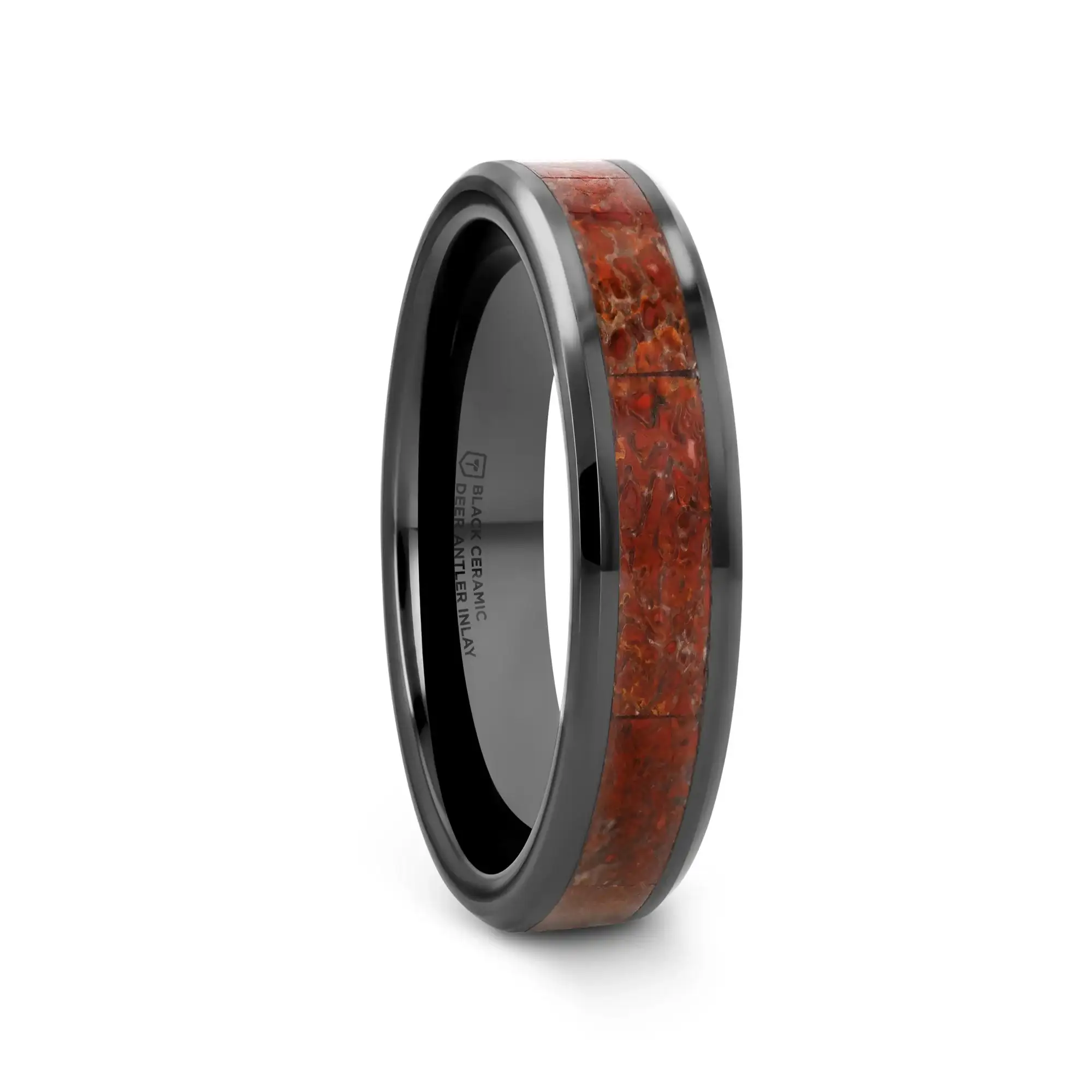 TRIASSIC Red Dinosaur Bone Inlaid Black Ceramic Beveled Edged Ring - 4mm & 8mm - Image 4