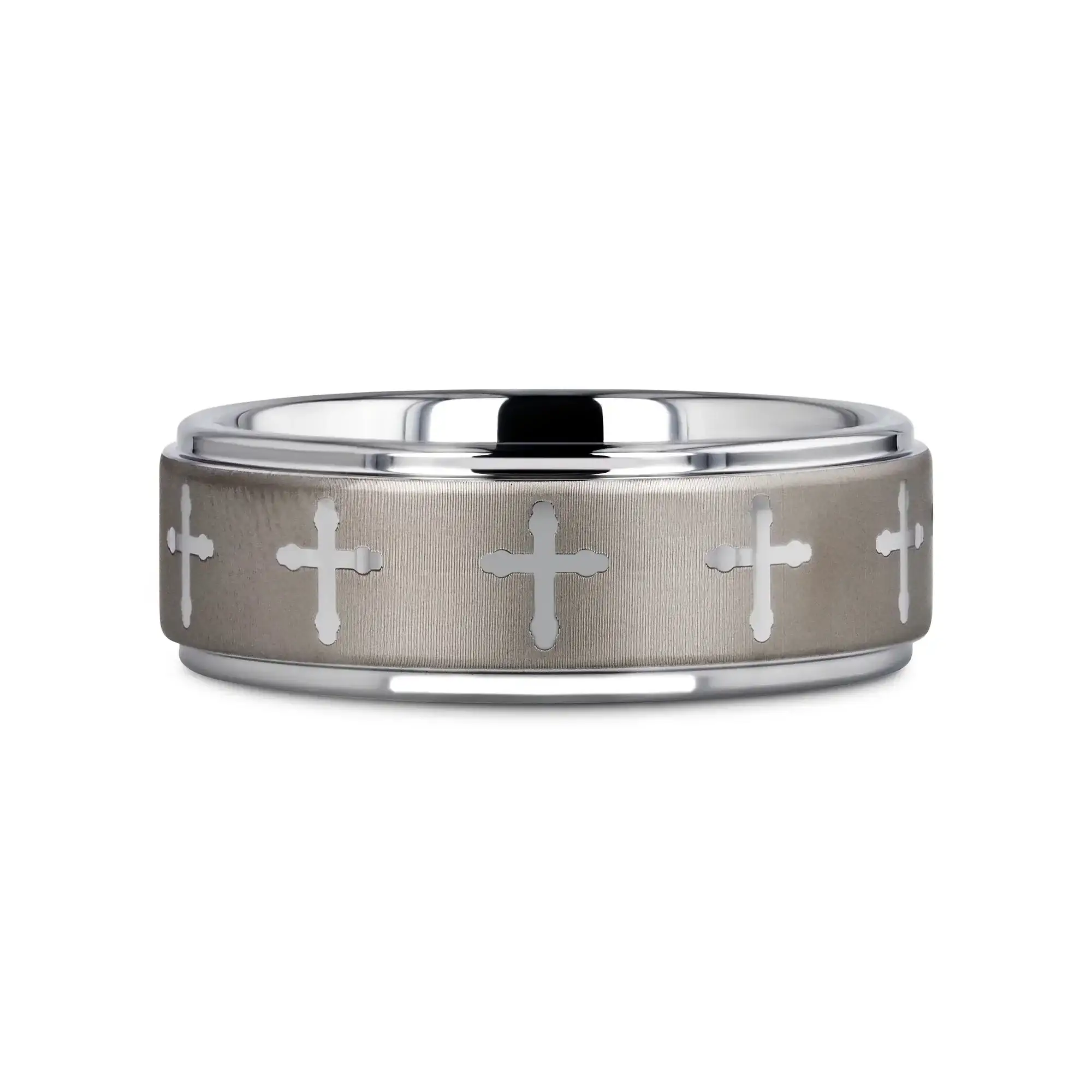 TRINITY Raised Center with Engraved Crosses Men's Tungsten Wedding Band – 8mm - Image 3