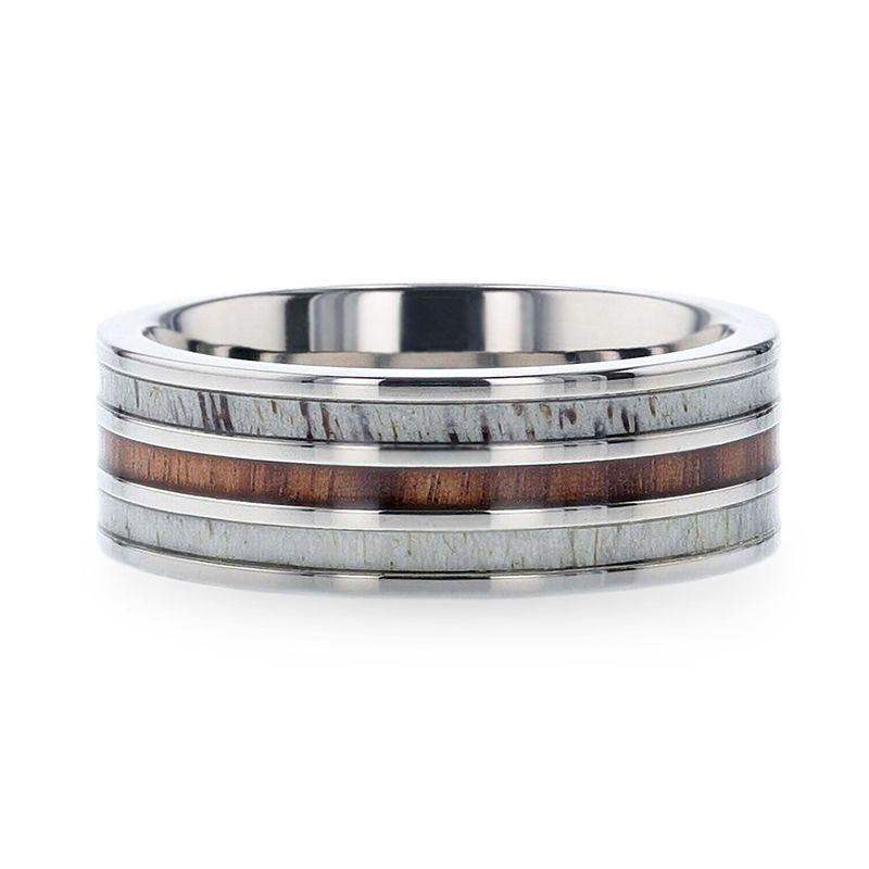TRIPOLI Wood Inlaid Titanium Flat Polished Finish Men's Wedding Ring With White Double Deer Antler Edges - 8mm - Image 3