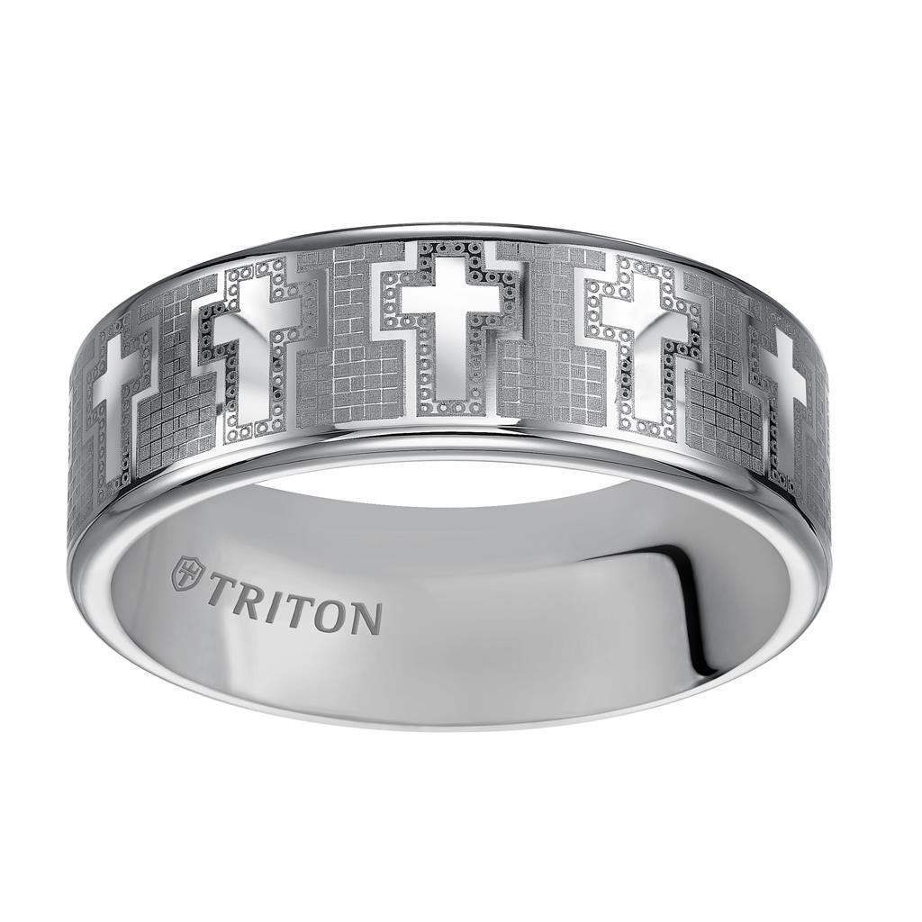 KROY Triton Rings ROMAN Tungsten Wedding Band With Engraved Crosses On Mosaic Background Design 8mm - Image 2