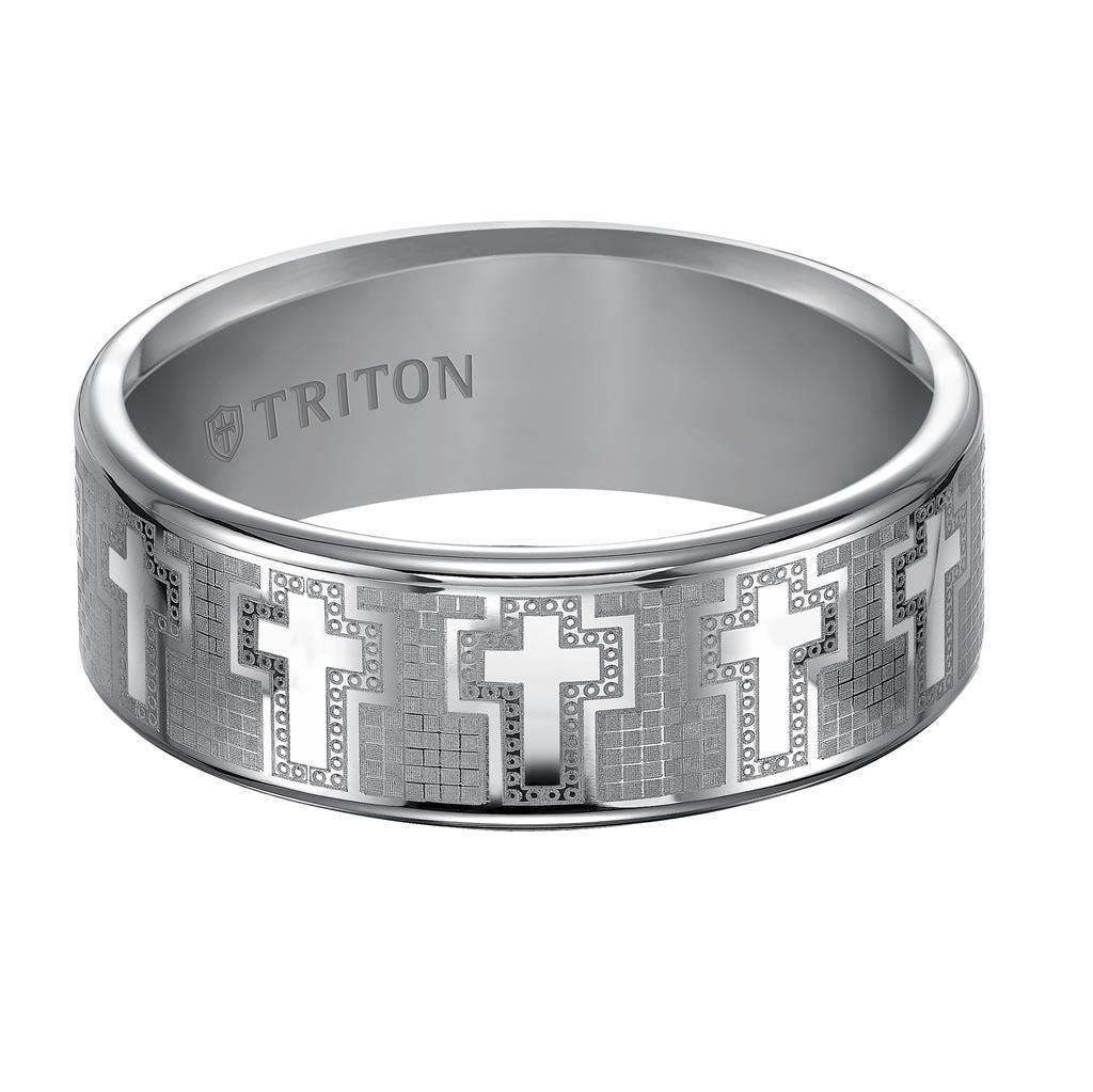 KROY Triton Rings ROMAN Tungsten Wedding Band With Engraved Crosses On Mosaic Background Design 8mm - Image 3