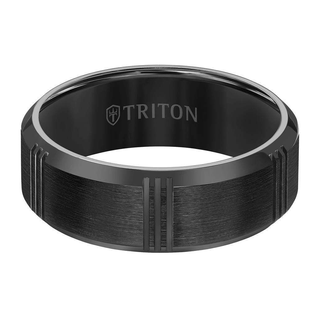 VANCE Satin Finished Black Flat Beveled Titanium Comfort Fit Wedding Band with Vertical Cuts by Triton Rings - 8 mm - Image 2