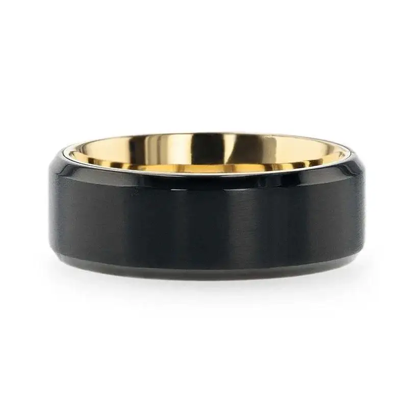 VELVET Flat Brushed Black Titanium Men's Wedding Ring With Yellow Gold Plating Interior And Beveled Polished Edges - 8mm - Image 3