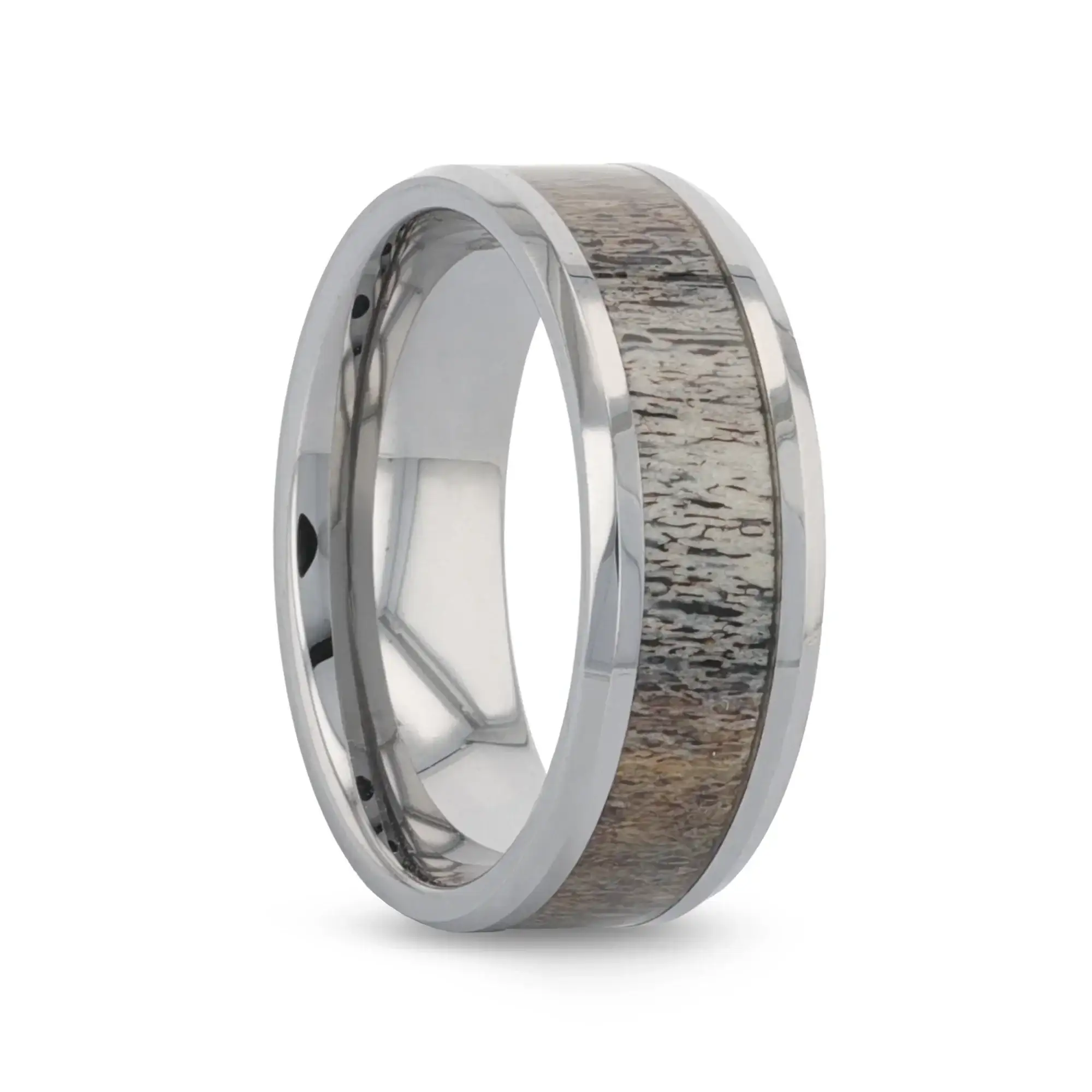 VENADO Beveled Tungsten Carbide Polished Men's Wedding Band with Variable Antler Inlay - 8mm - Image 2