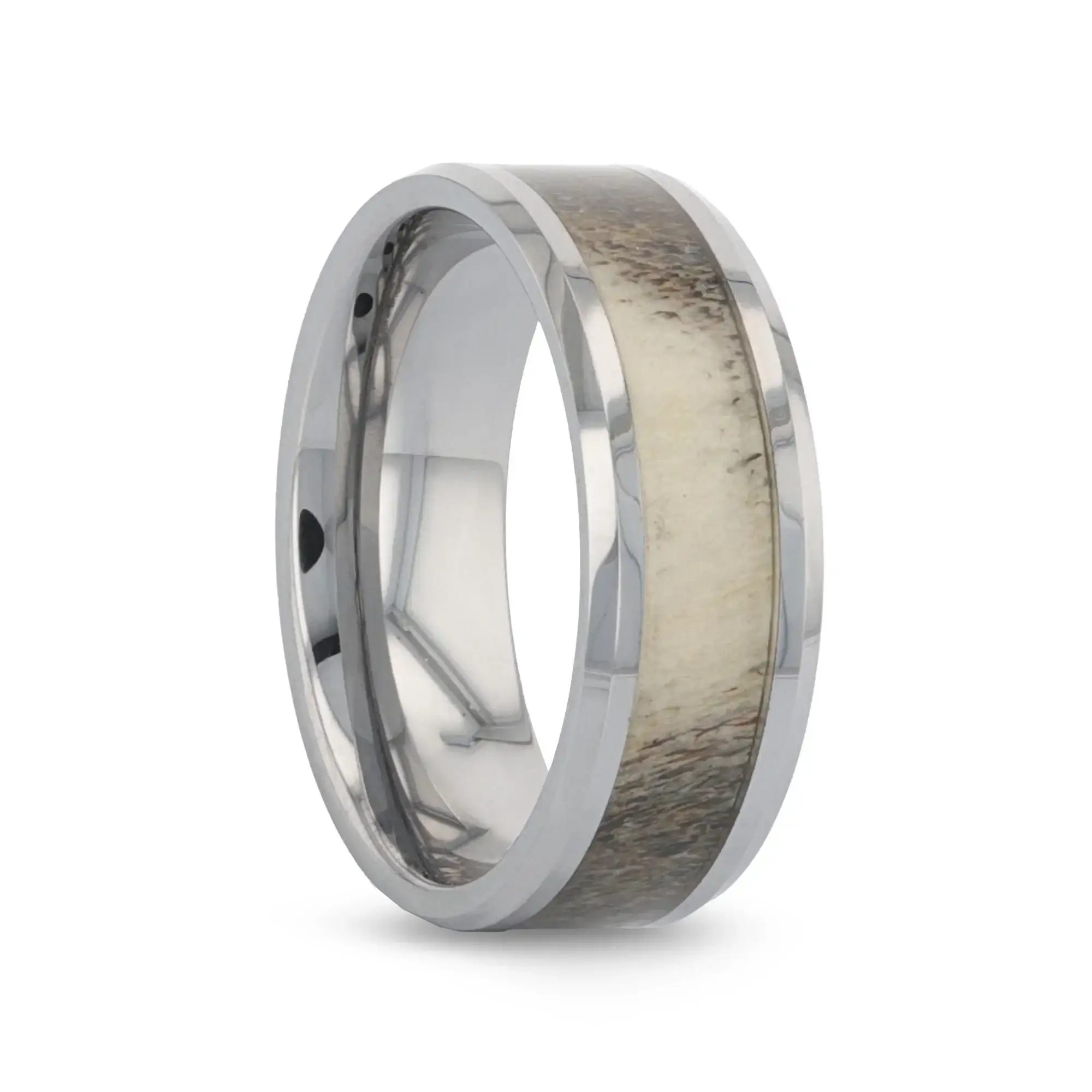 VENADO Beveled Tungsten Carbide Polished Men's Wedding Band with Variable Antler Inlay - 8mm - Image 3