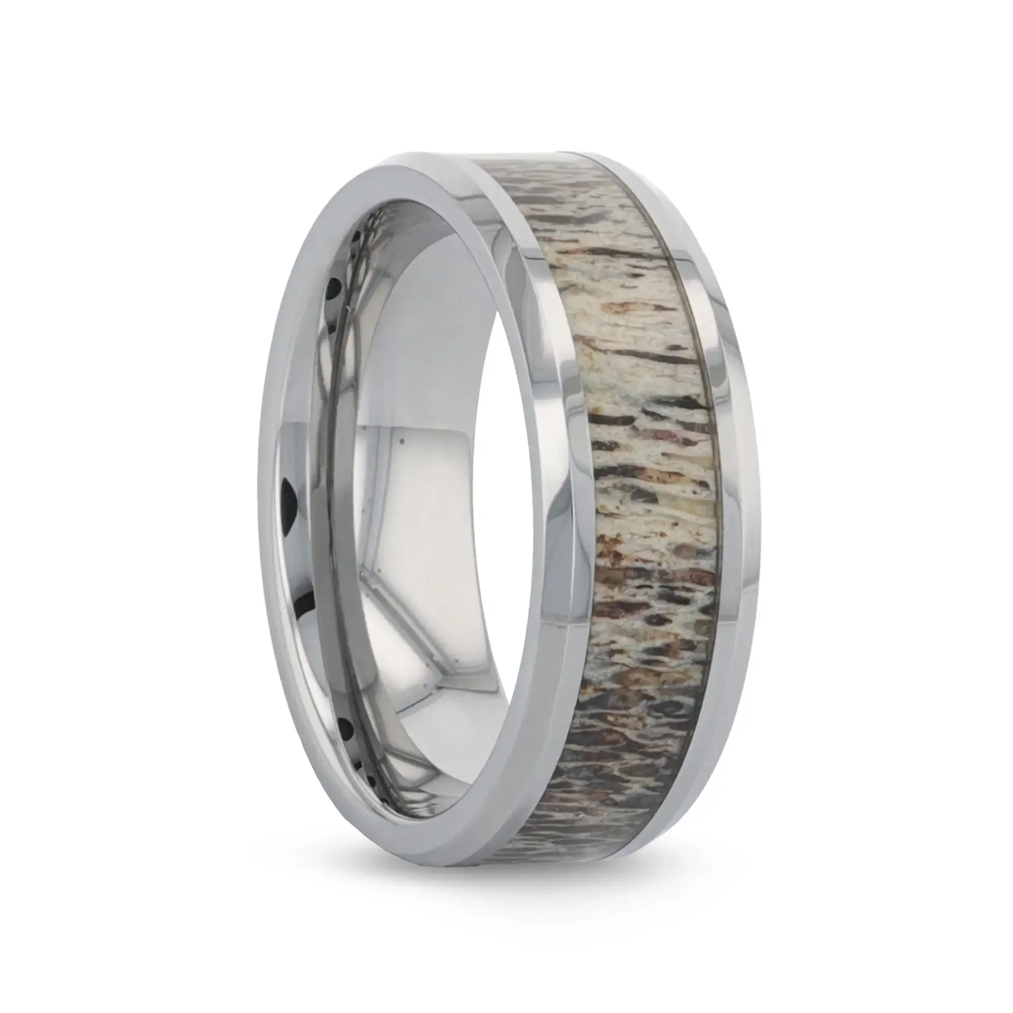 VENADO Beveled Tungsten Carbide Polished Men's Wedding Band with Variable Antler Inlay - 8mm - Image 4