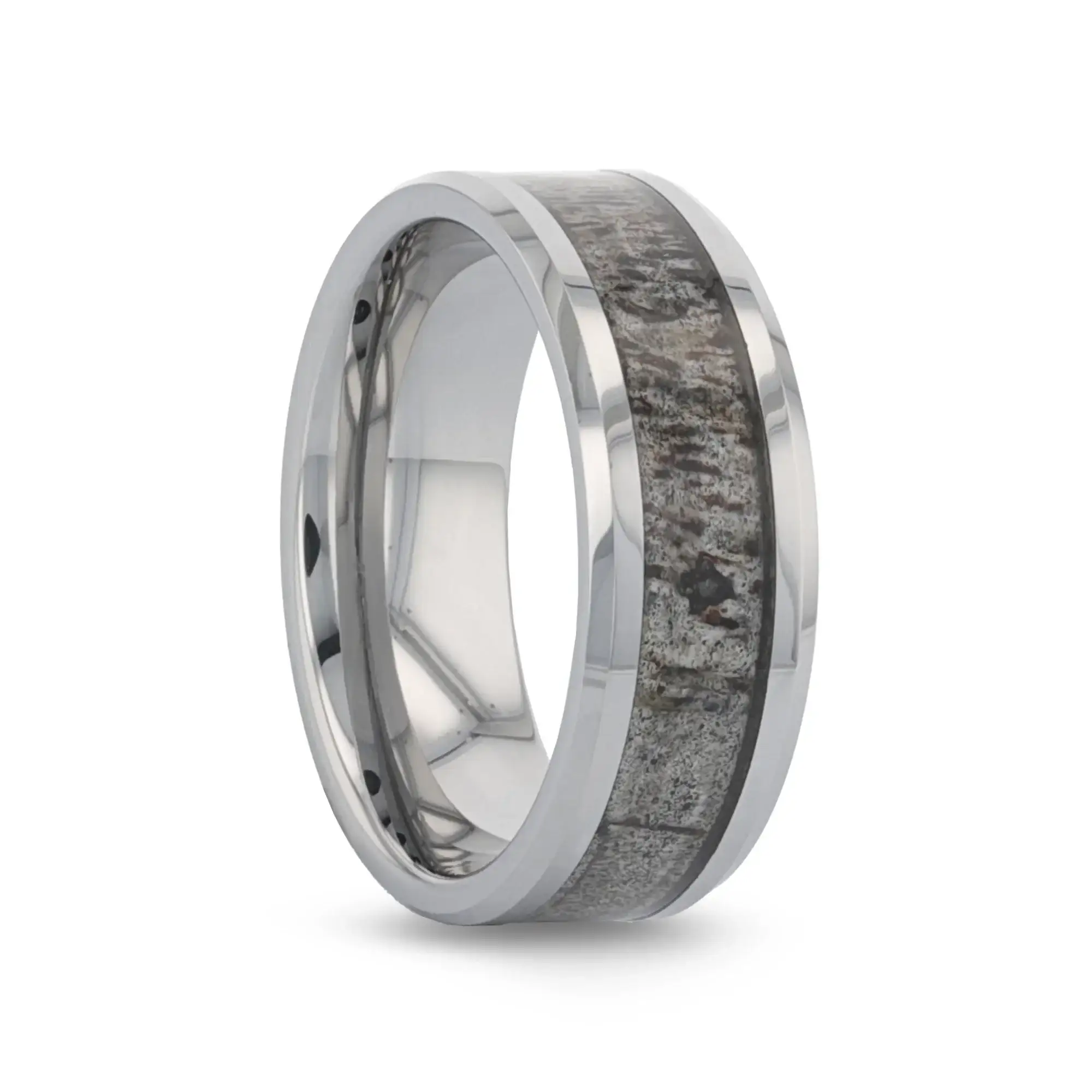 VENADO Beveled Tungsten Carbide Polished Men's Wedding Band with Variable Antler Inlay - 8mm - Image 5