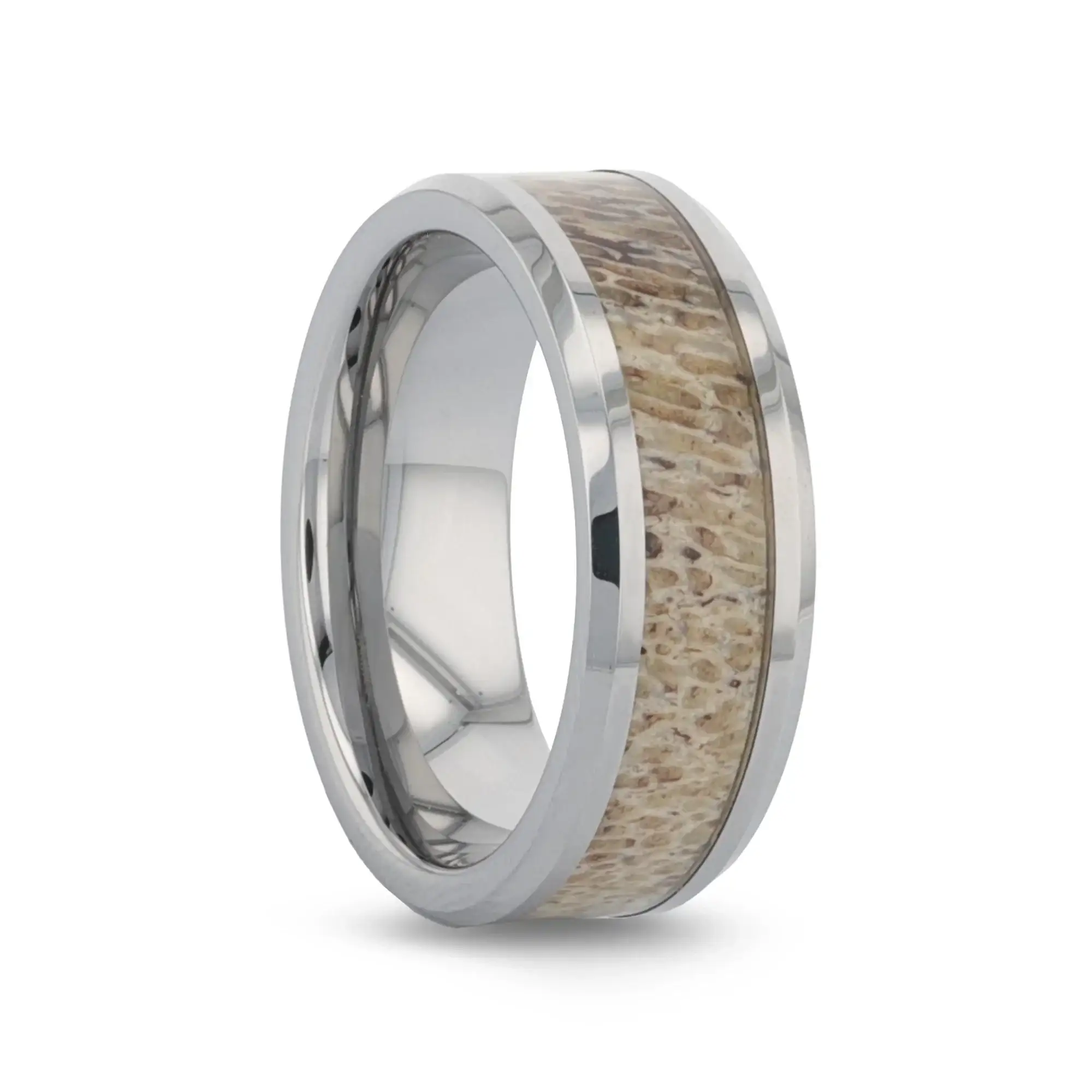 VENADO Beveled Tungsten Carbide Polished Men's Wedding Band with Variable Antler Inlay - 8mm - Image 6