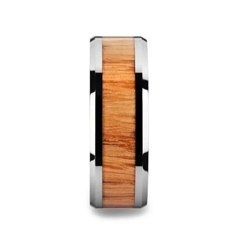 VERMILLION Red Oak Wood Inlaid Tungsten Carbide Ring with Bevels - 6mm - 10mm - Image 2