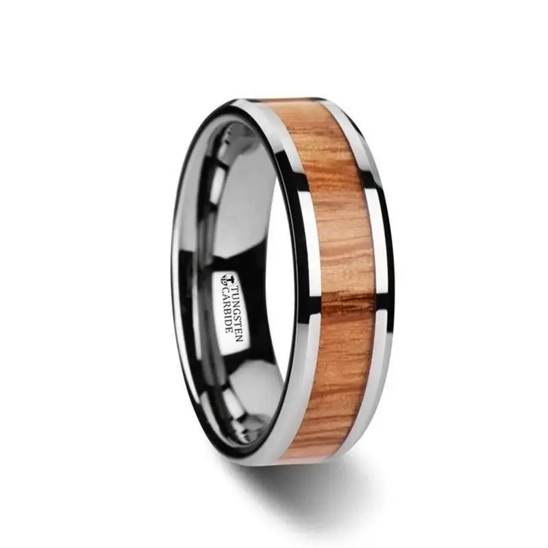 VERMILLION Red Oak Wood Inlaid Tungsten Carbide Ring with Bevels - 6mm - 10mm - Image 3