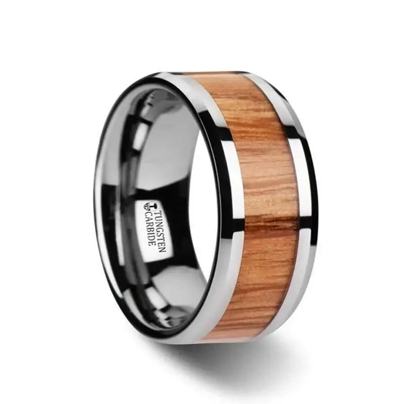 VERMILLION Red Oak Wood Inlaid Tungsten Carbide Ring with Bevels - 6mm - 10mm - Image 4