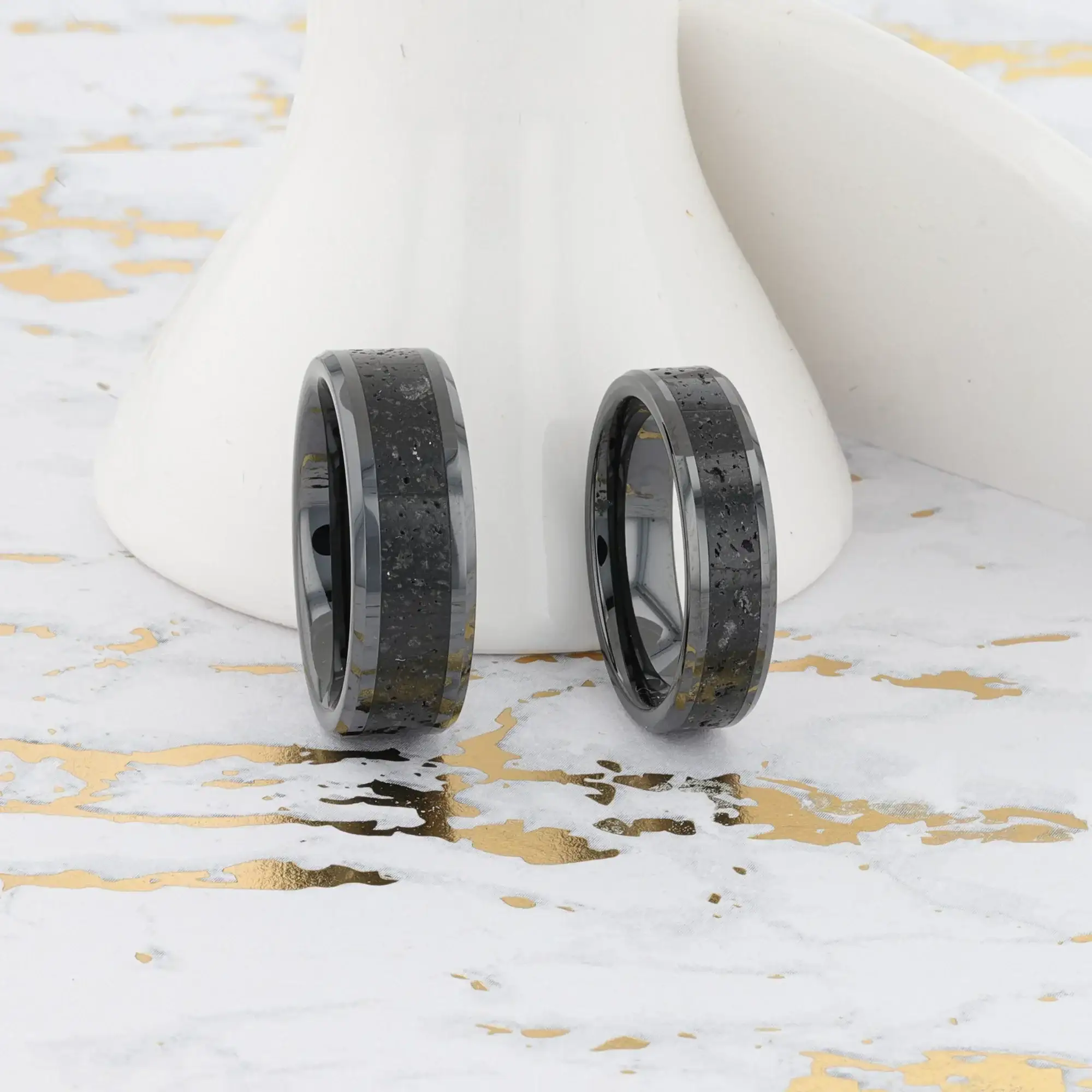 VESUVIUS Men’s Polished Black Ceramic Wedding Band with Black & Gray Lava Rock Stone Inlay & Polished Beveled Edges - 6mm & 8mm - Image 10