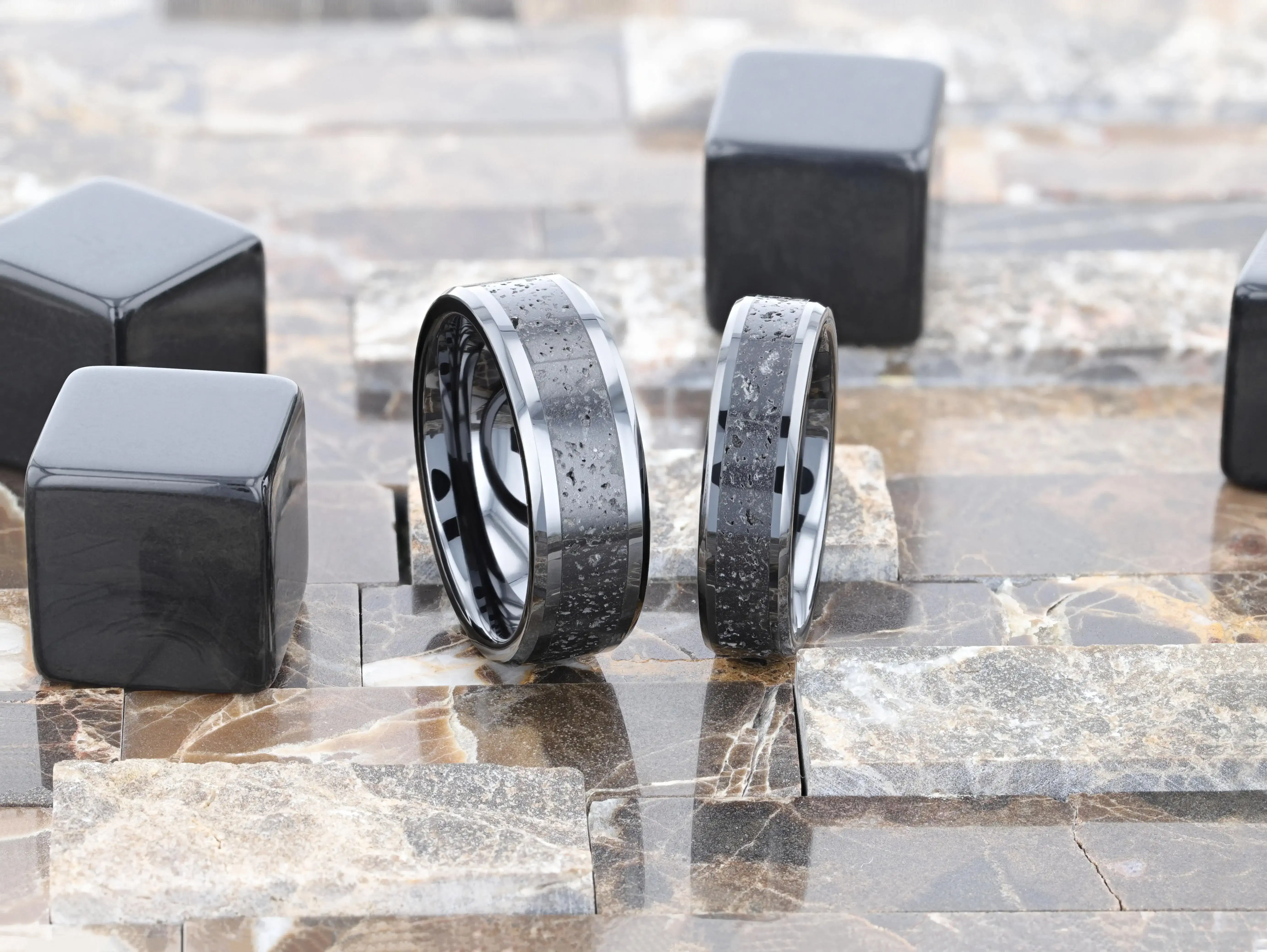 VESUVIUS Men’s Polished Black Ceramic Wedding Band with Black & Gray Lava Rock Stone Inlay & Polished Beveled Edges - 6mm & 8mm - Image 11